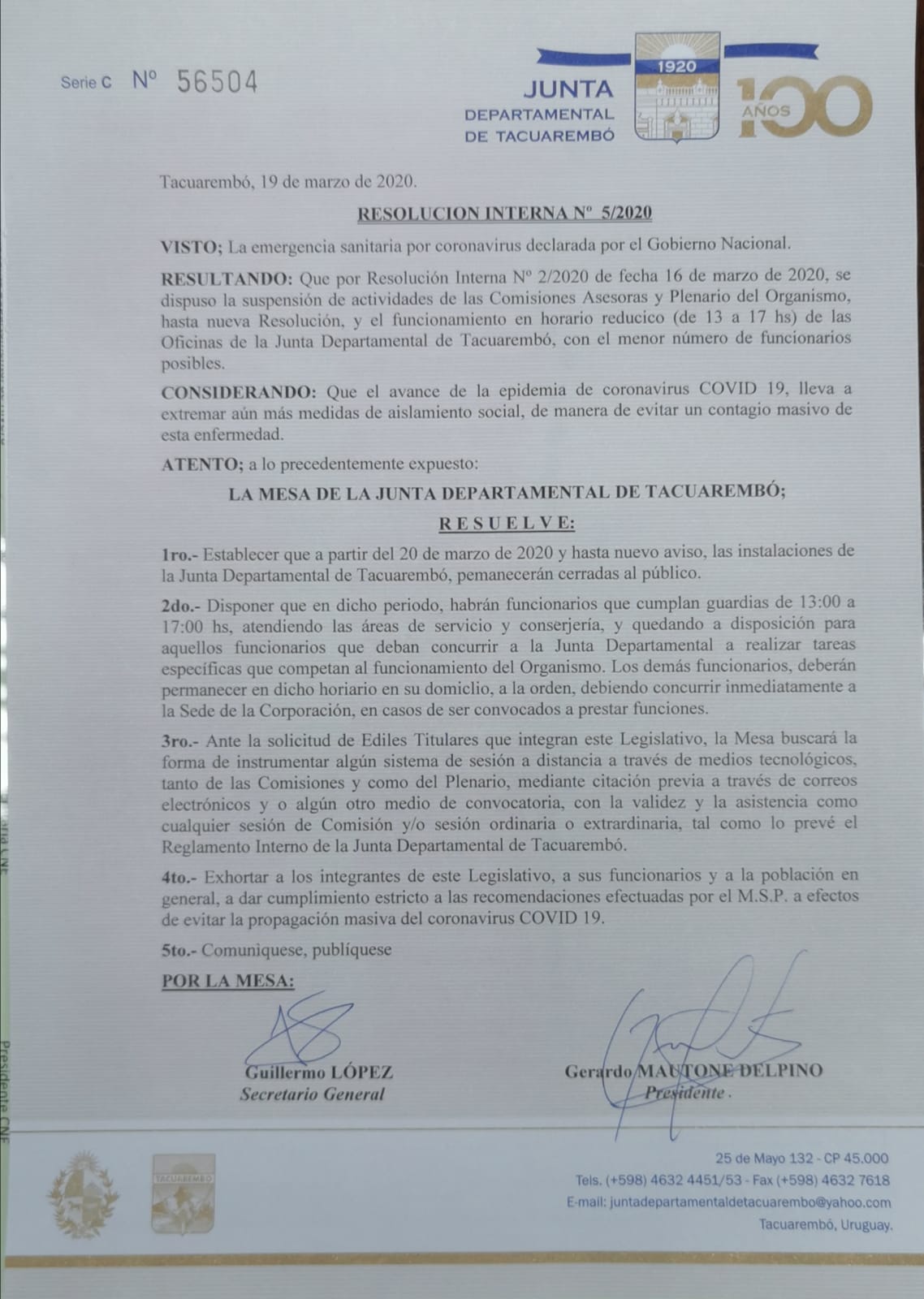 JUNTA DEPARTAMENTAL CERRARÁ PUERTAS AL PÚBLICO